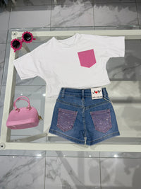 T-shirt white tasca diamond fucsia
