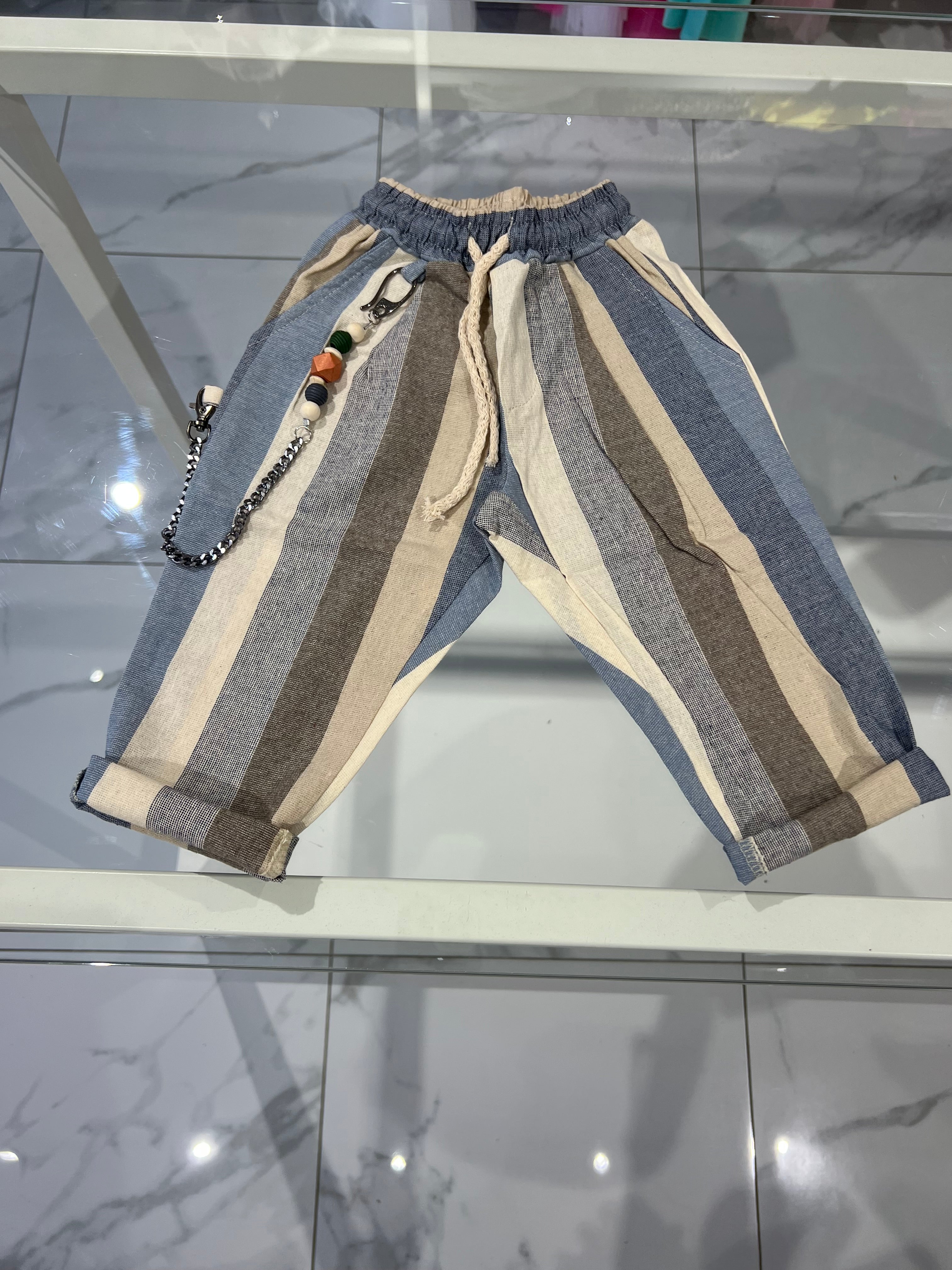Pantalone righe Lino celeste