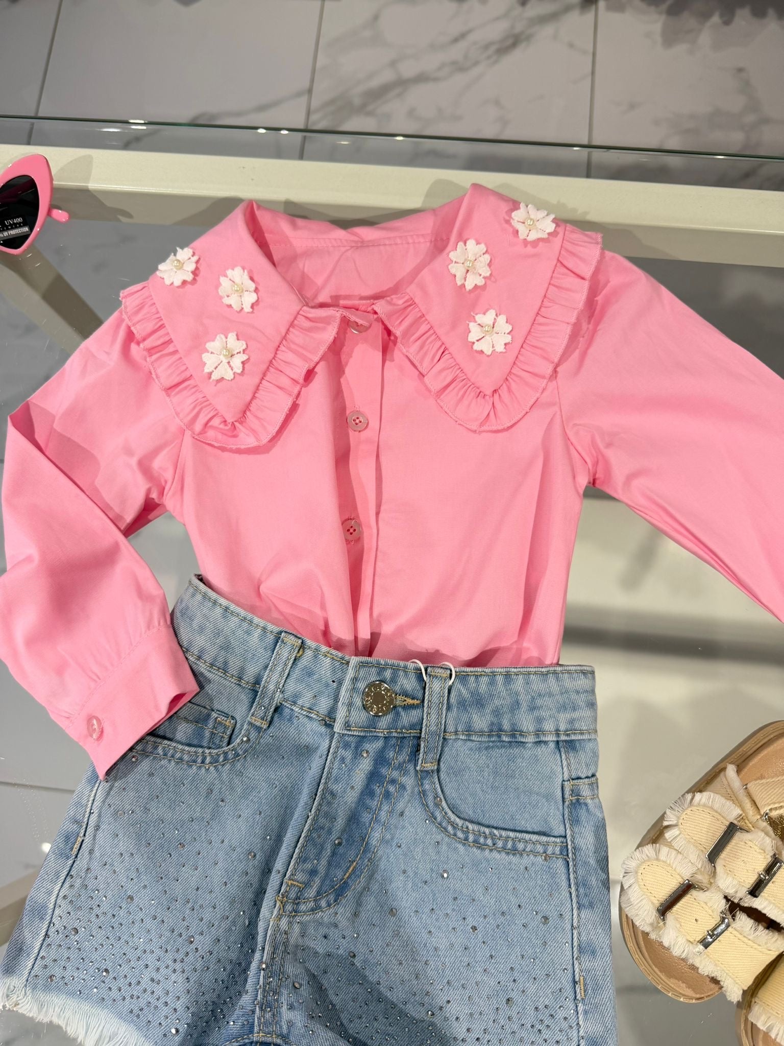 Camicia pink fiori white