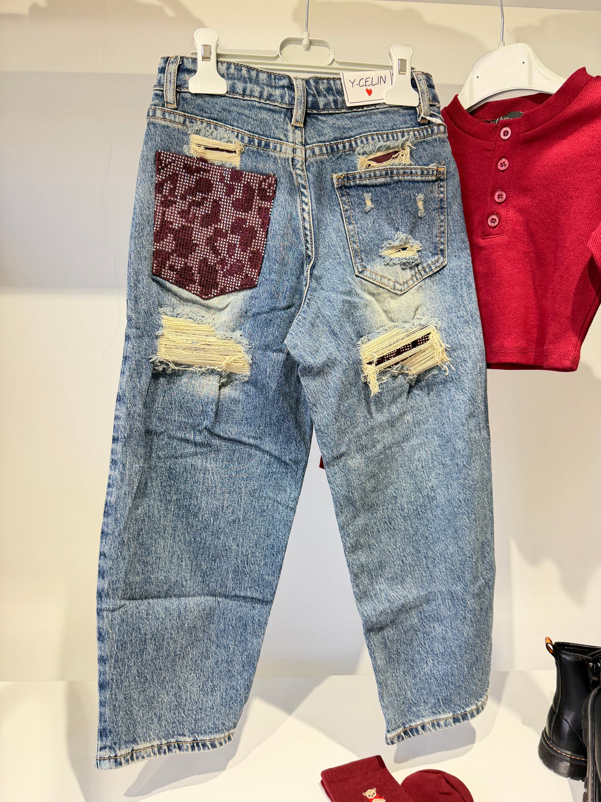 Jeans tasca animalier bordeaux